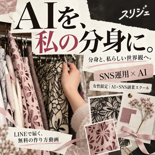 スリジェのAI制作例。AIを、私の分身に。分身と、私らしい世界観へ。服を選ぶ手元とムードボード。女性限定 AI×SNS副業スクール。LINEで届く、無料の作り方動画。