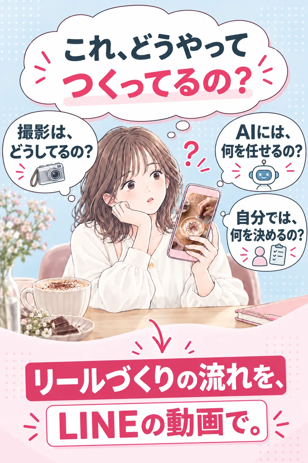 これ、どうやってつくってるの？　撮影は、どうしてるの？　AIには、何を任せるの？　自分では、何を決めるの？　リールづくりの流れを、LINEの動画で。