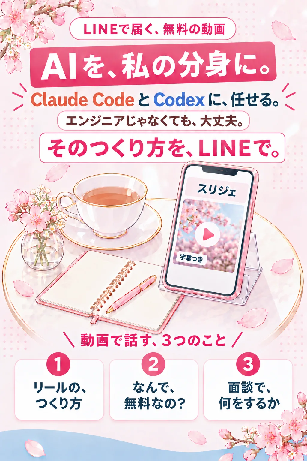 LINEで届く、無料の動画 AIを、私の分身に。 Claude Code と Codex に、任せる。 エンジニアじゃなくても、大丈夫。 そのつくり方を、LINEで。 動画で話す、3つのこと 1 リールの、つくり方 2 なんで、無料なの? 3 面談で、何をするか 字幕つき (絵: カフェのテーブルに立てたスマホに、スリジェから字幕つきの動画が届いている)