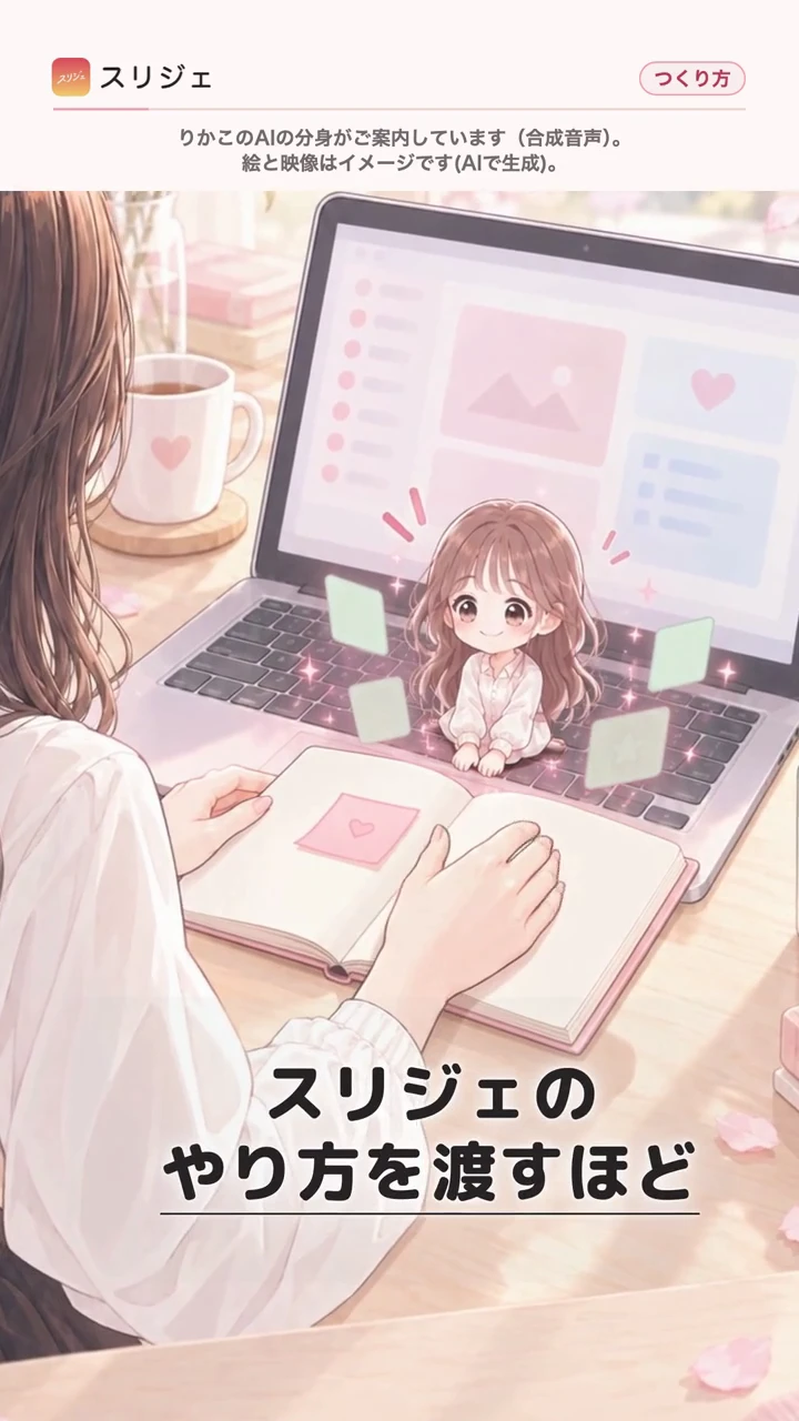 無料動画の一場面。スリジェのやり方をAIの分身に渡す説明。案内はりかこのAIの分身・合成音声で、絵と映像はAI生成のイメージです。
