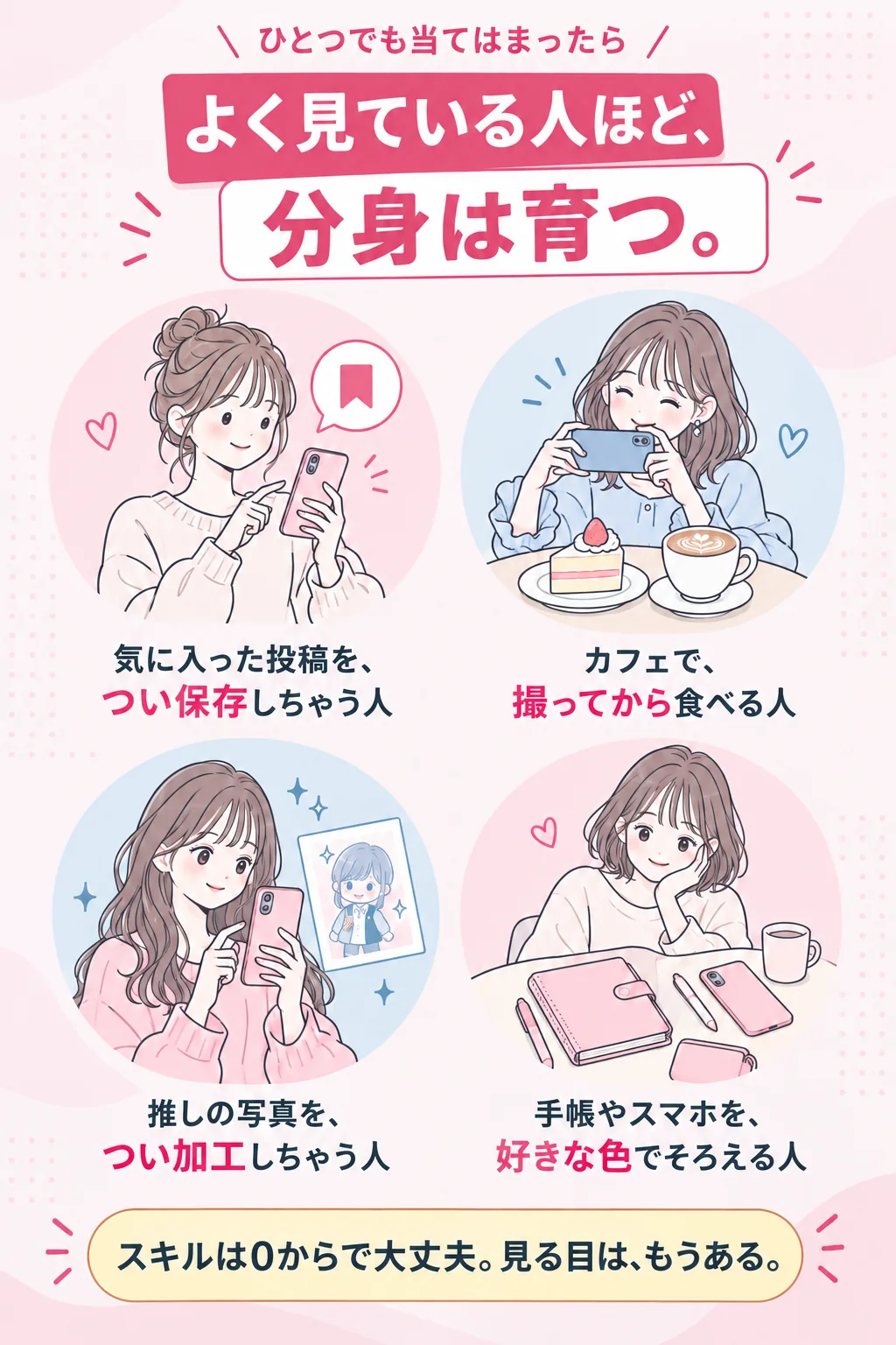 ひとつでも当てはまったら よく見ている人ほど、分身は育つ。 気に入った投稿を、つい保存しちゃう人 カフェで、撮ってから食べる人 推しの写真を、つい加工しちゃう人 手帳やスマホを、好きな色でそろえる人 スキルは0からで大丈夫。見る目は、もうある。