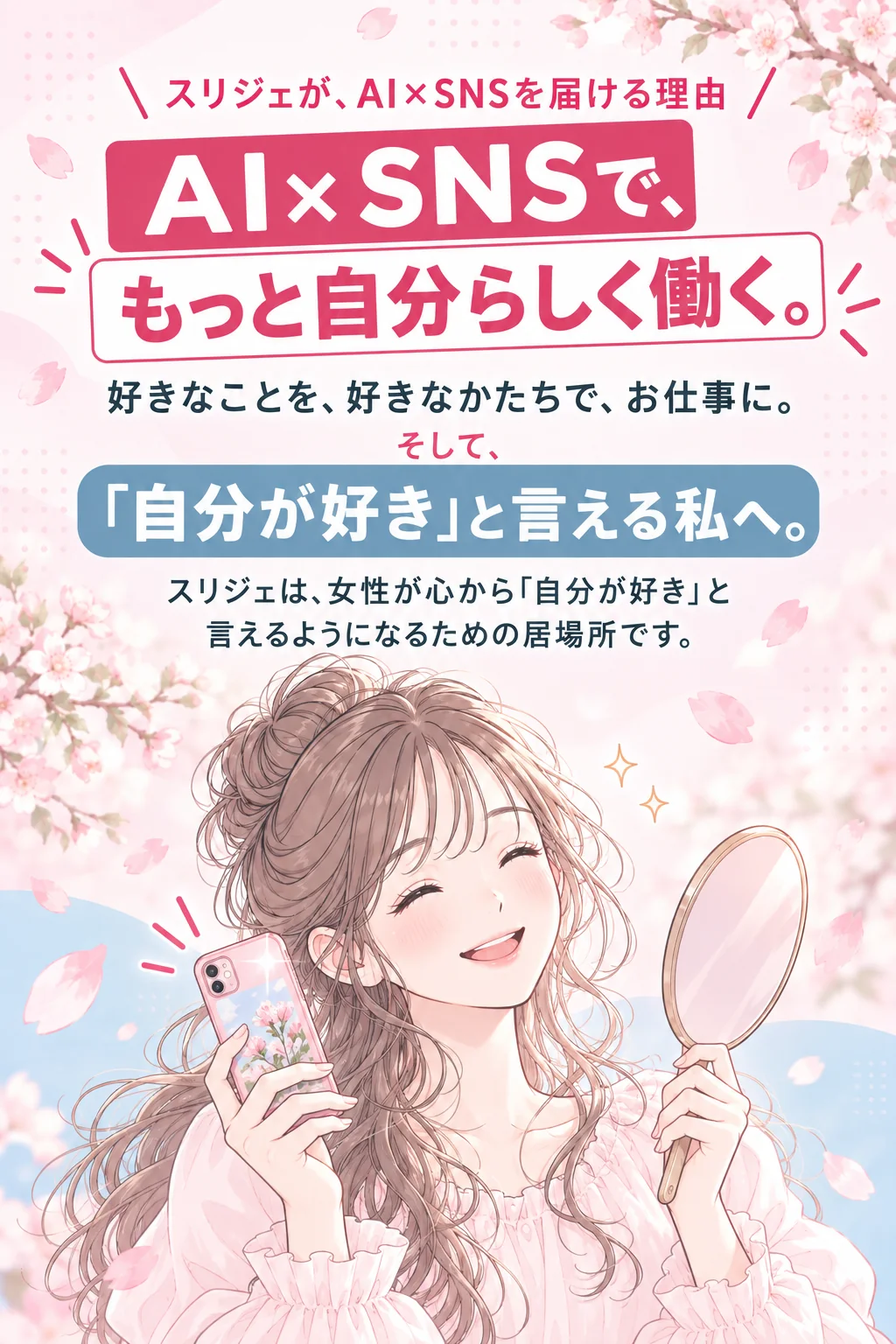 スリジェが、AI×SNSを届ける理由 AI×SNSで、もっと自分らしく働く。 好きなことを、好きなかたちで、お仕事に。 そして、「自分が好き」と言える私へ。 スリジェは、女性が心から「自分が好き」と言えるようになるための居場所です。