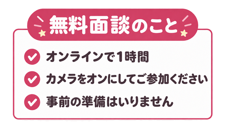 無料面談のことオンラインで1時間カメラをオンにしてご参加ください事前の準備はいりません