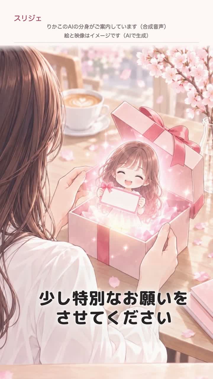 無料動画の一場面。贈り物の箱から、りかこのAIの分身が出てくる場面(絵と映像はAIで生成したイメージ)。
