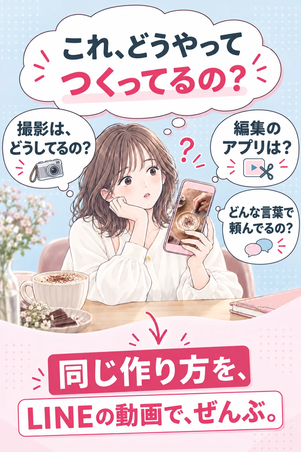 これ、どうやってつくってるの? 撮影は、どうしてるの? 編集のアプリは? どんな言葉で頼んでるの? 同じ作り方を、LINEの動画で、ぜんぶ。